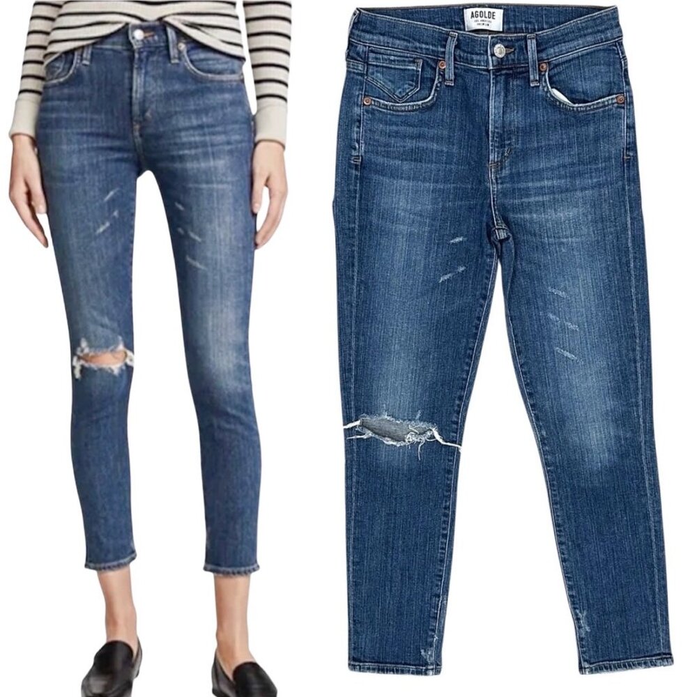 Agolde Sophie Mid-Rise Distressed Skinny Crop Jeans in Santa Fe Blue Size 26